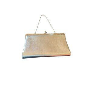 Vintage André Silver Metallic Evening Clutch Purse Chain Handle Satin Lining